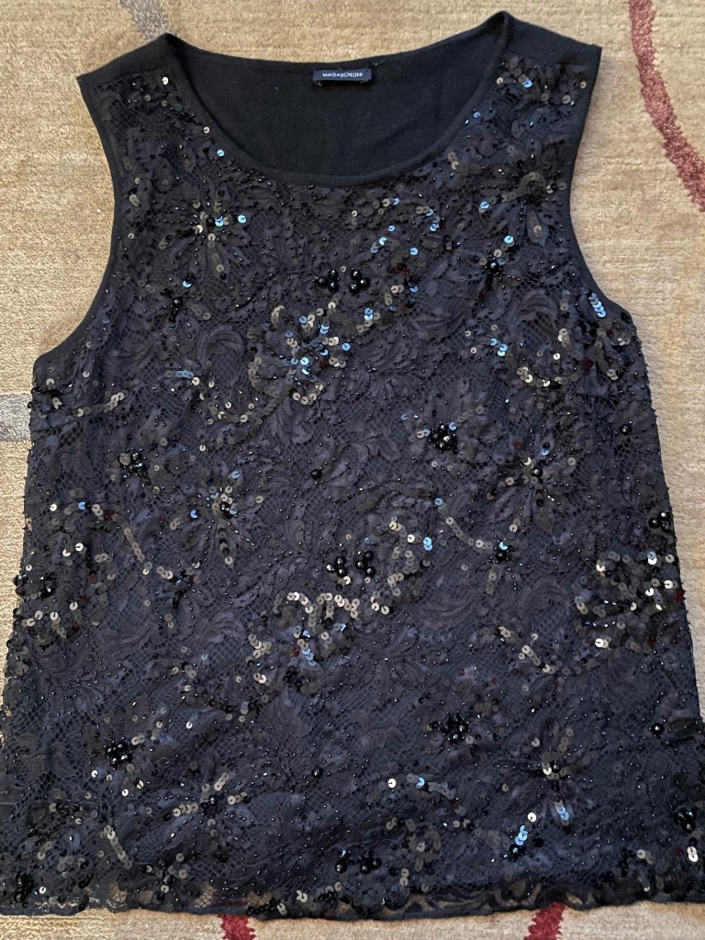 Magaschoni Black Sequin Beaded Lace Sleeveless Top, Size XS-S